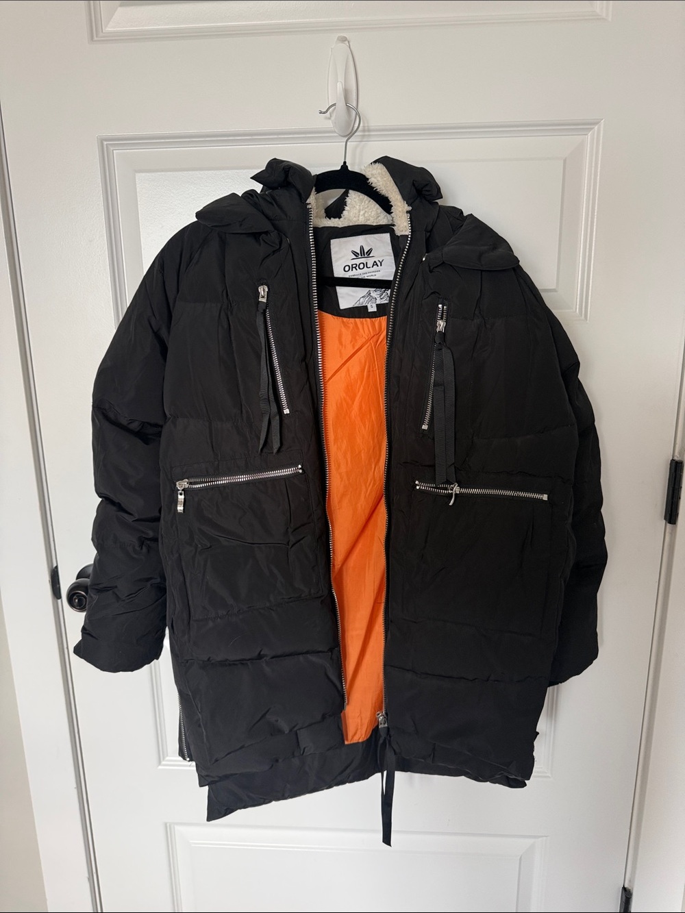 OLAY Black Womens Puffer Jacket with Orange Lining and fleece hood